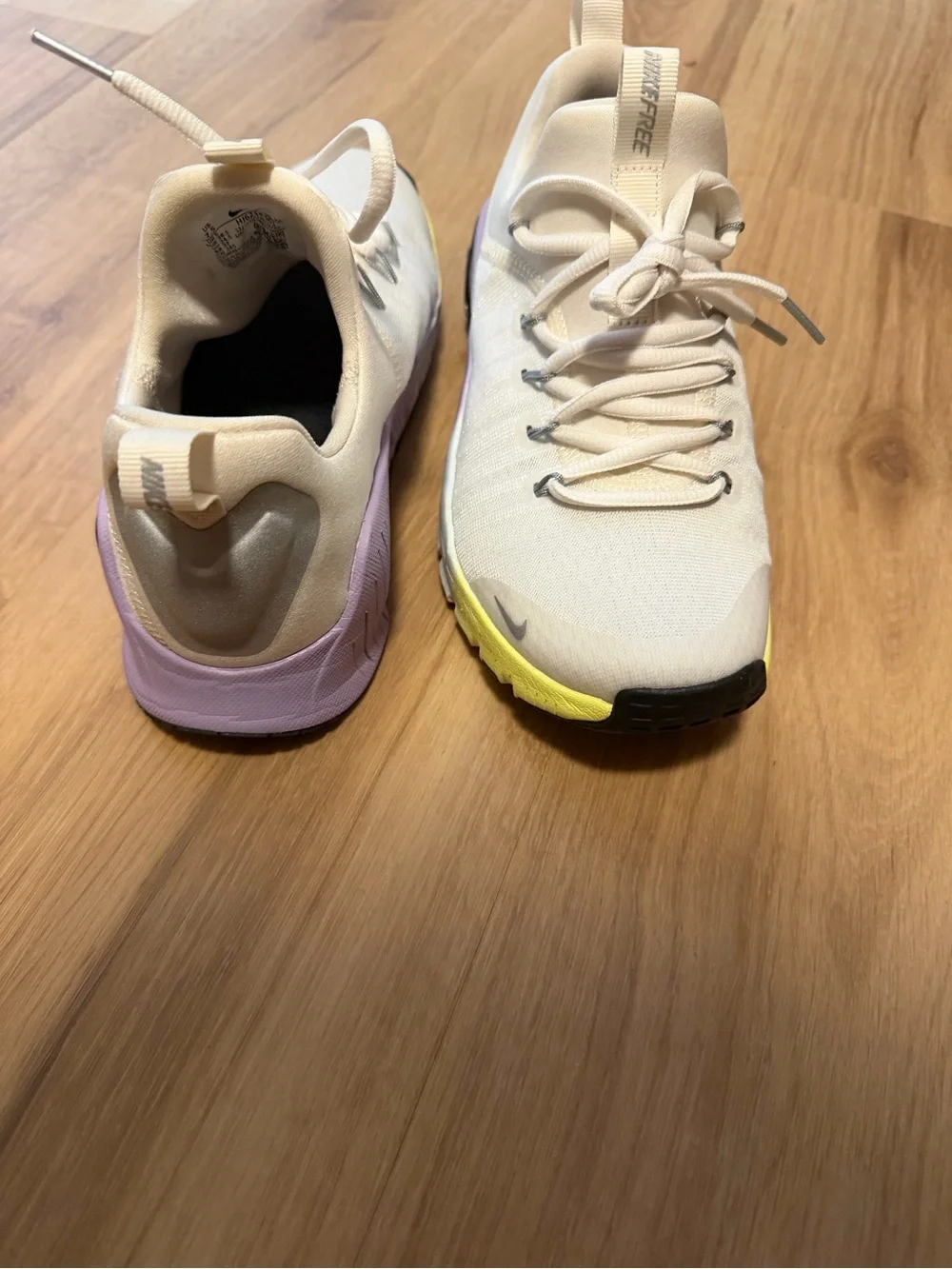 Nike Women's Cream Knit Metcon Athletic Sneakers with Purple Heel and Yellow Toe